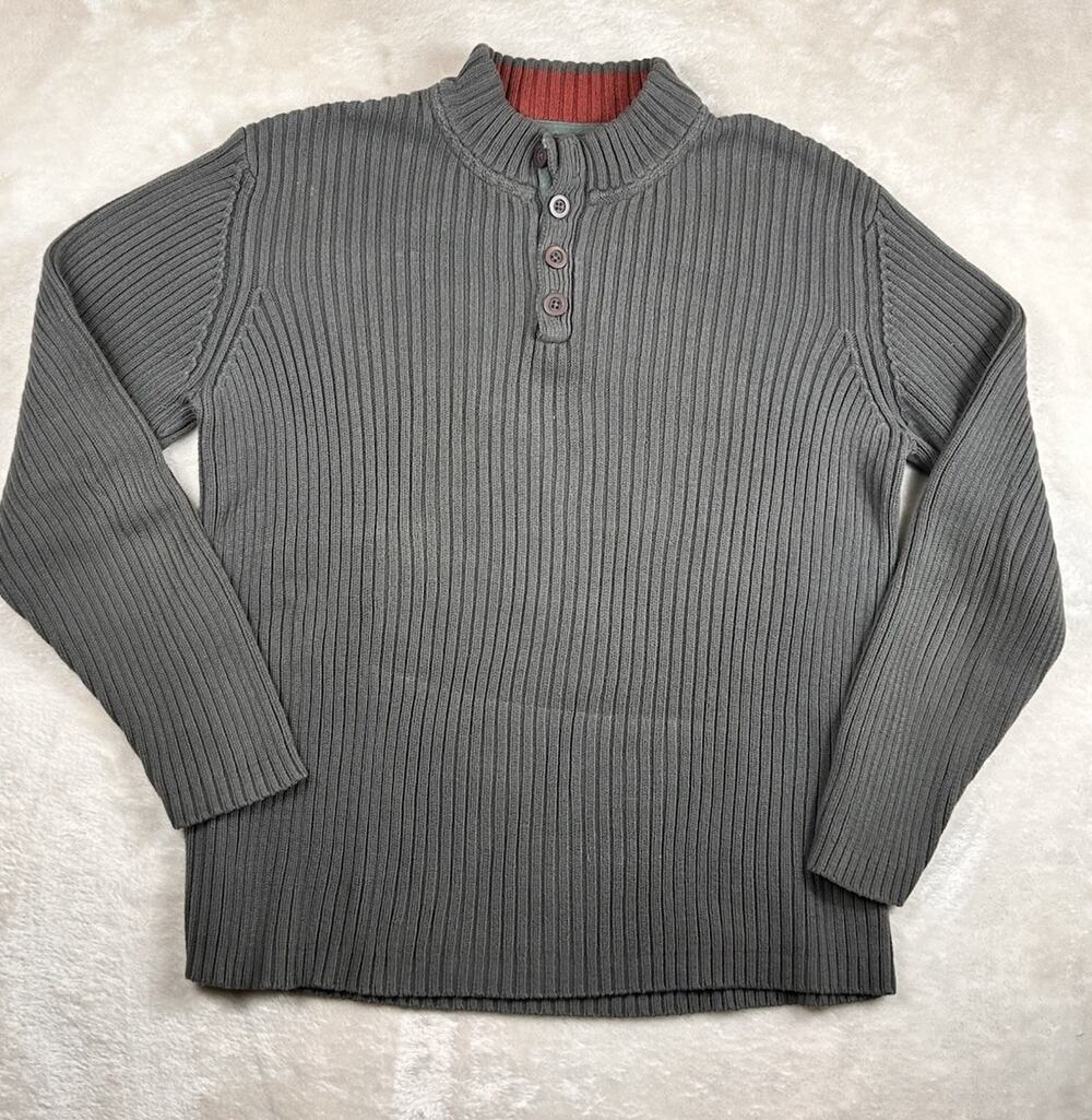 Royal Robbins Sweater Men’s Sz L Grey Cotton Ribbed Crew Pullover 4 Button